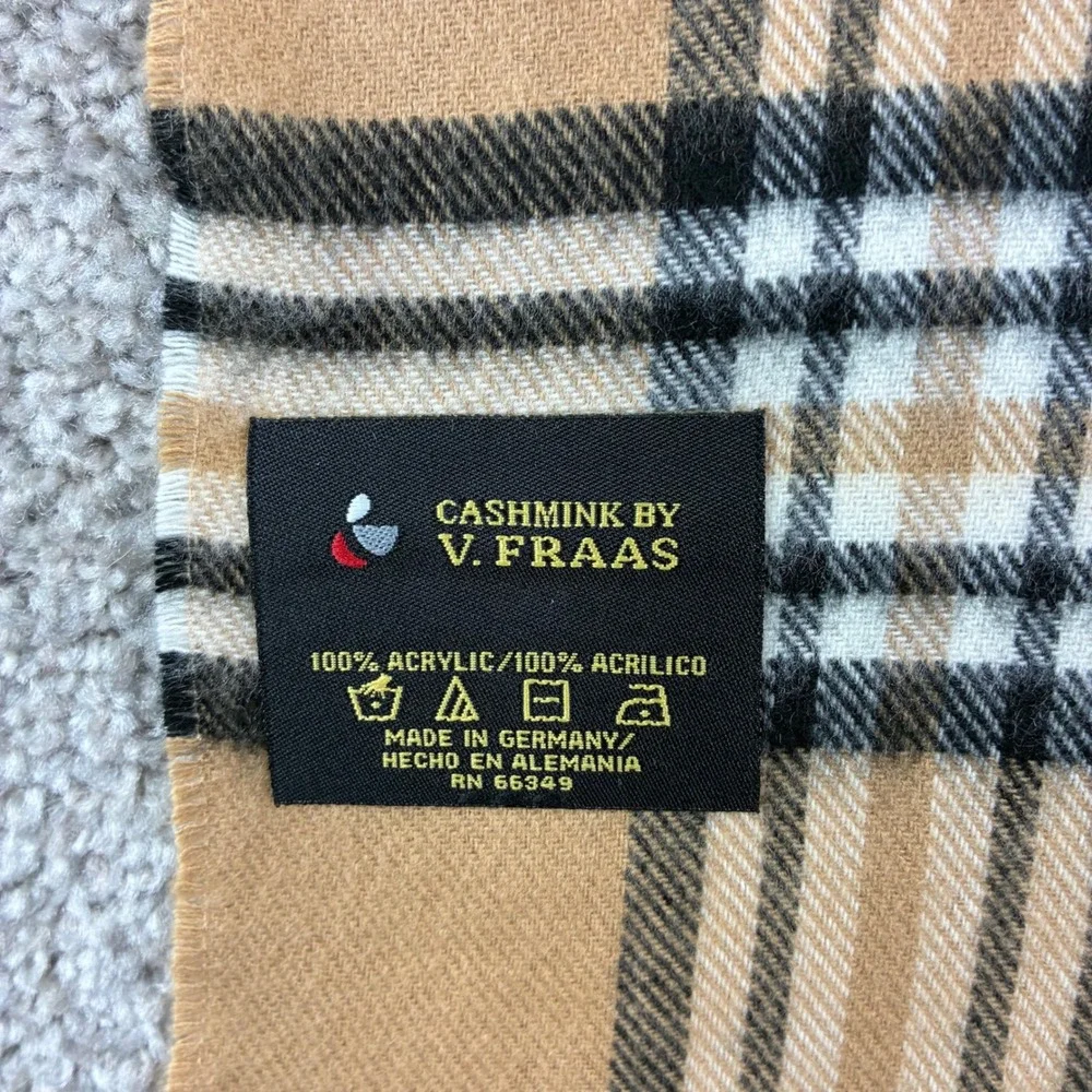 V Fraas Casanova Scarf Tan Plaid Fringe Made Germany Preppy Old Money Classic OS